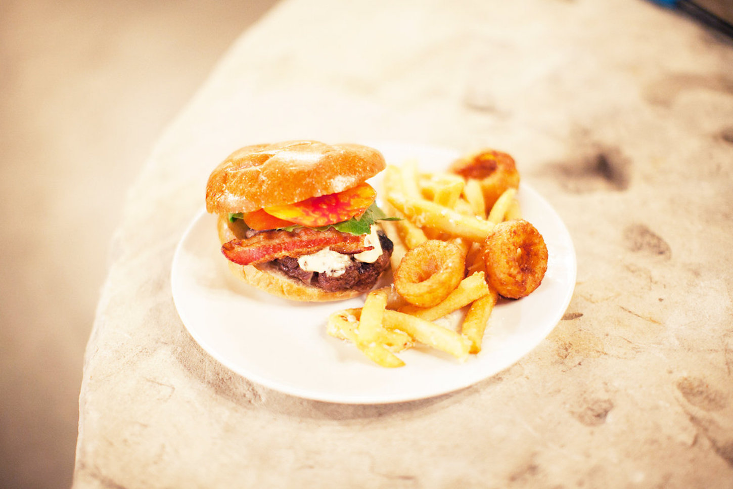 Burger, Fries, Onion Rings at Wedding at Big Daddy's Antiques | Made By Meg Catering