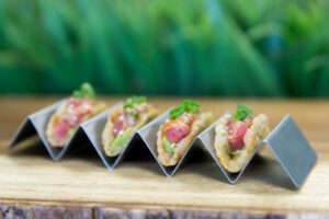Tray Passed Appetizer Catering Ahi Tuna Poke Tacos with Eel Sauce and Haas Avocado Guacamole