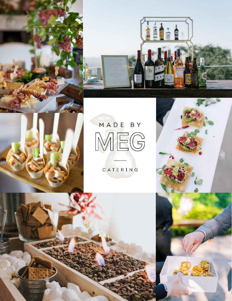 Made by Meg Catering logo surrounded by photos from different events Made by Meg has catered with a variety of service styles, including colorful grazing boards, tray passed appetizers, interactive stations, and outdoor bars with alcohol, beer, and wine.