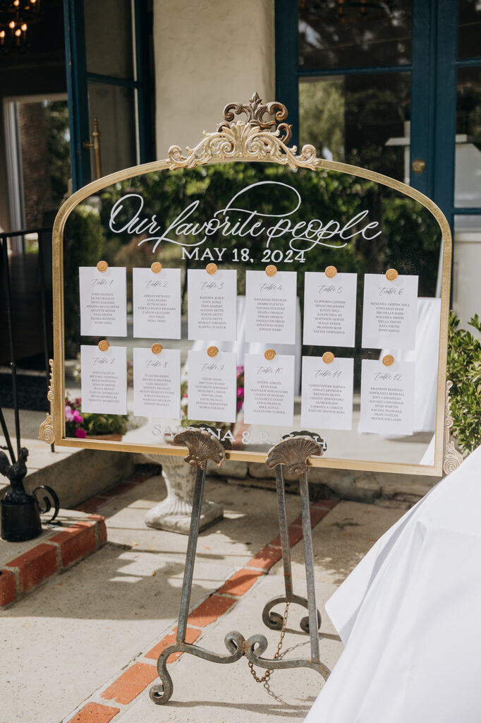 Mirrored Seating Chart Signage at the Welcome Table at La Venta Inn