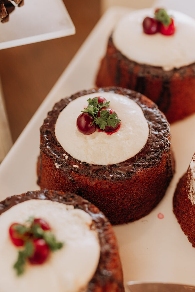 Chocolate Lava Cake topped with cranberries from the Made by Meg Catering Holiday Menu