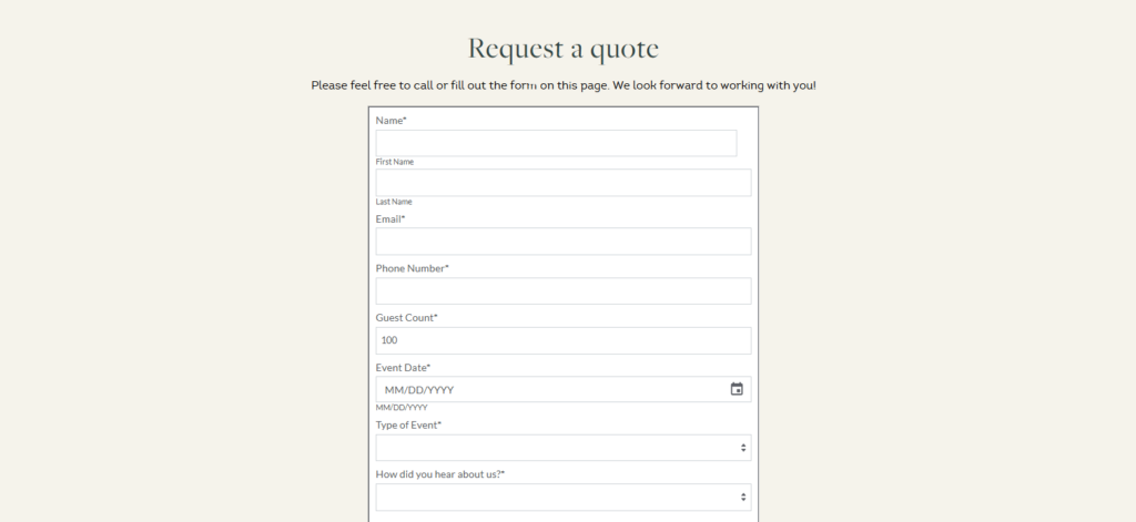 Screenshot of the Request a Quote form.