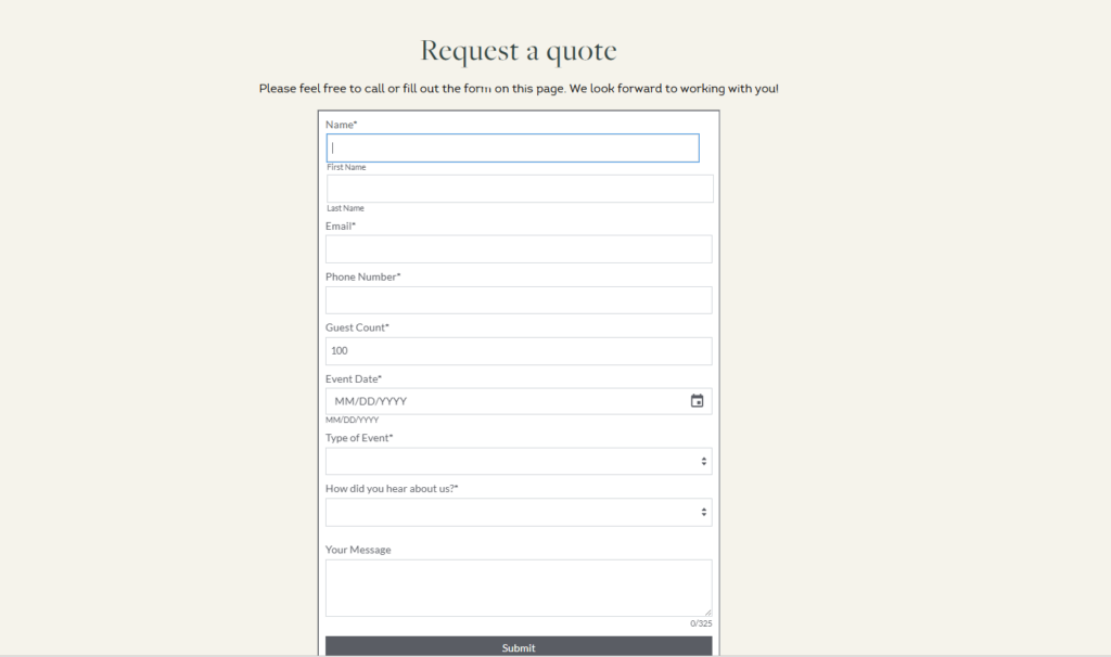 Request a quote from Made by Meg Catering contact page